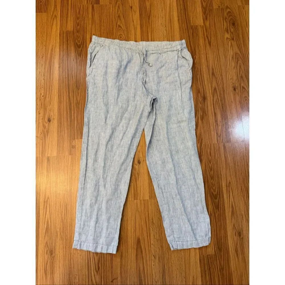 J. Jill Women's Love Linen Striped Drawstring Linen Pants Navy White Size Medium